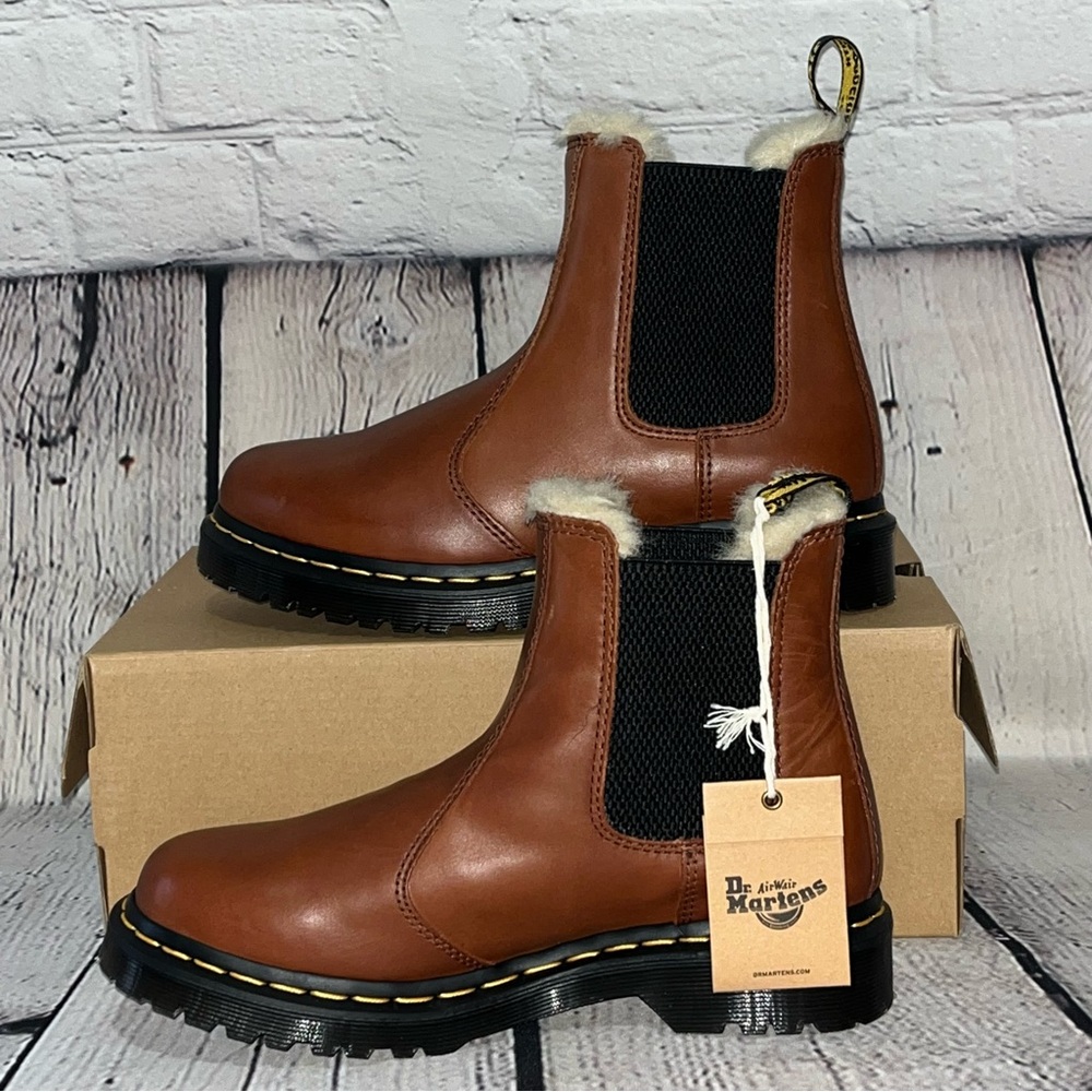 Dr. Martens Brown Leather Chelsea Winter Boots with Shearling Trim